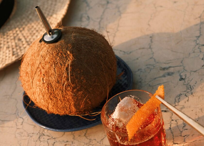 The hotel's Coconut Negroni, a spirit-forward drink made of house-made herbal vermouth, Bols Genever Barrel Aged, and Galliano L’Aperitivo bitter.