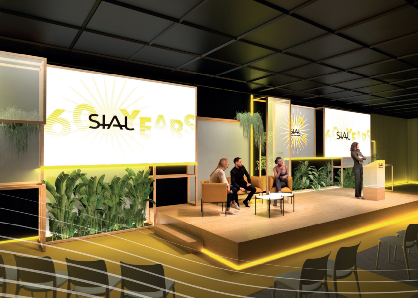 Image of a conference visualisation of SIAL Paris 2024 with 3 key speakers and 1 moderator and it’s a simple graphic or photograph.