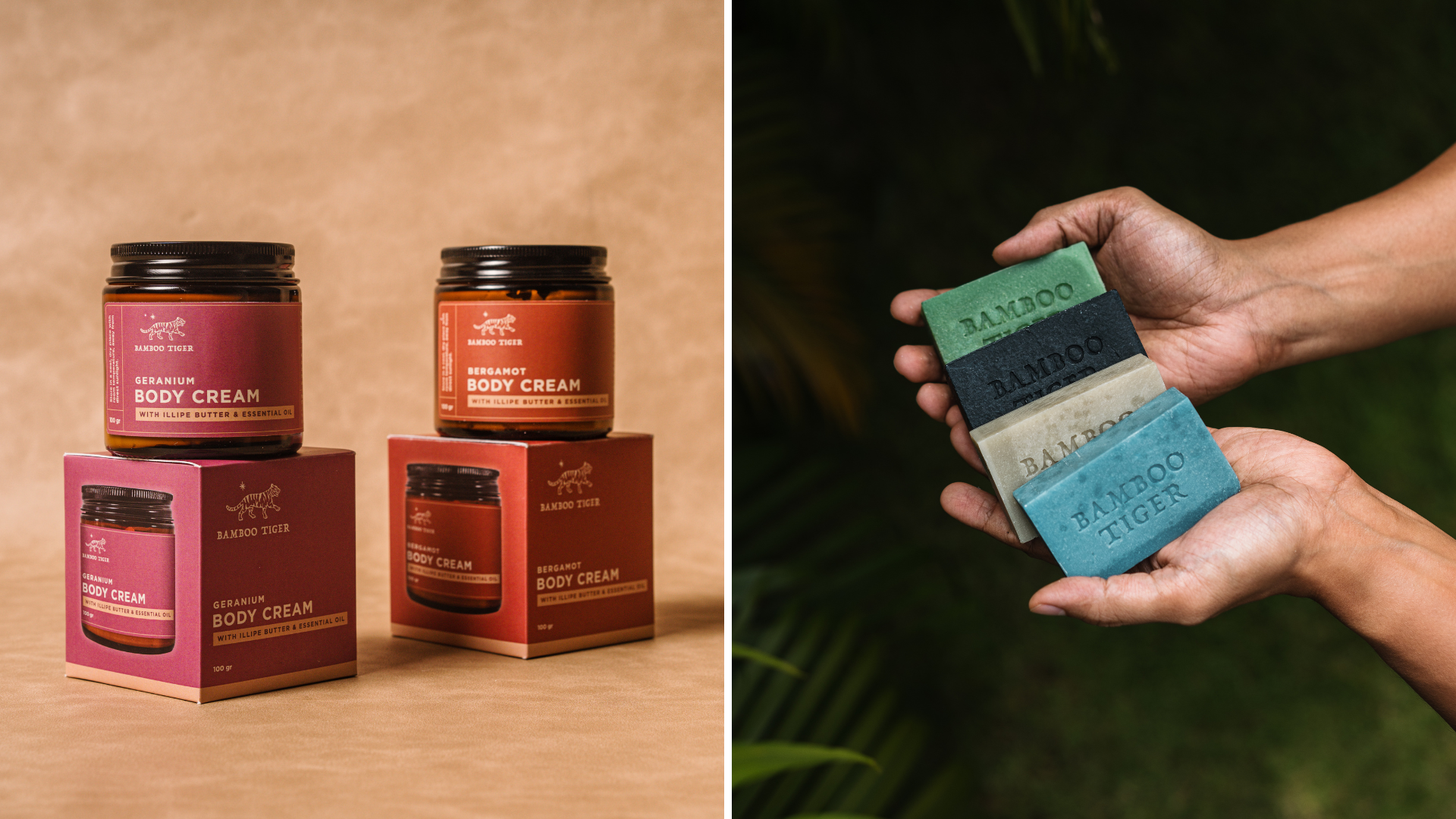 Velvet-finish botanical body cream texture and illipe bar soaps
